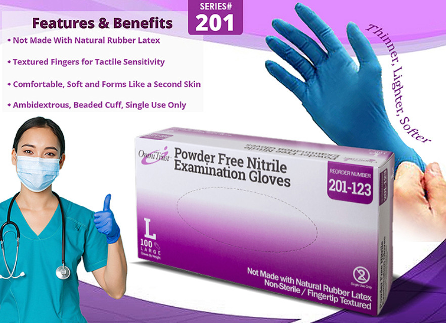 OmniTrust Powder-Free Blue Nitrile Exam Gloves, Size Large – Box of 100 Gloves