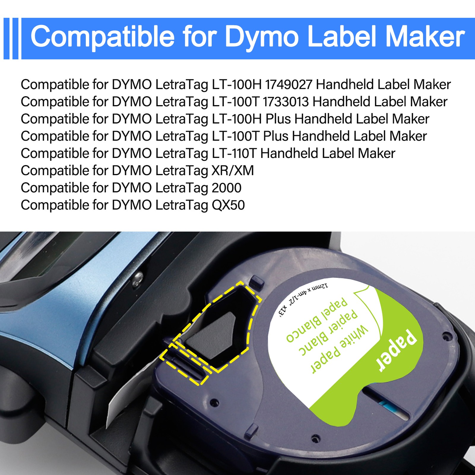 5PK LT91330 Paper Refills Black on White Tape For DYMO LetraTag 100H 12mm Label