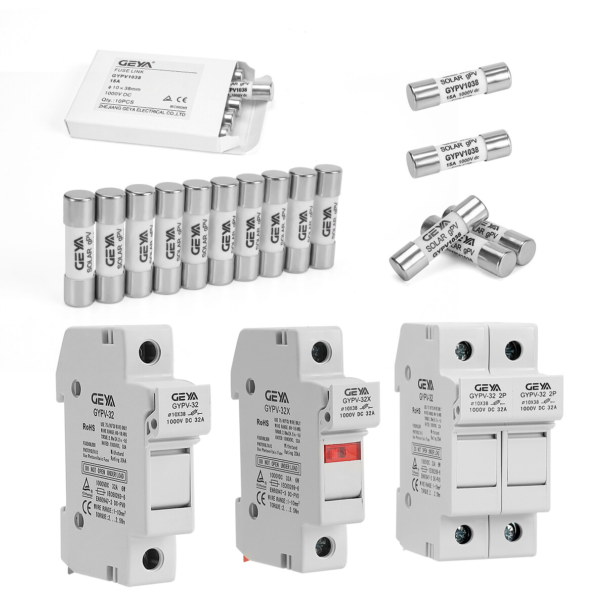 GEYA Solar PV 1/2Pole Fuse & Holder DC Protection 2-30Amp 10*38mm 20kA 1000VDC