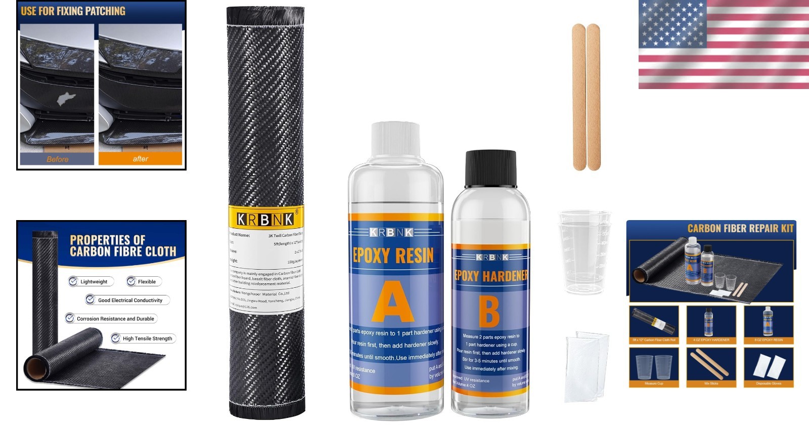 Carbon Fiber Repair Kit 5FT Cloth + Epoxy Resin
