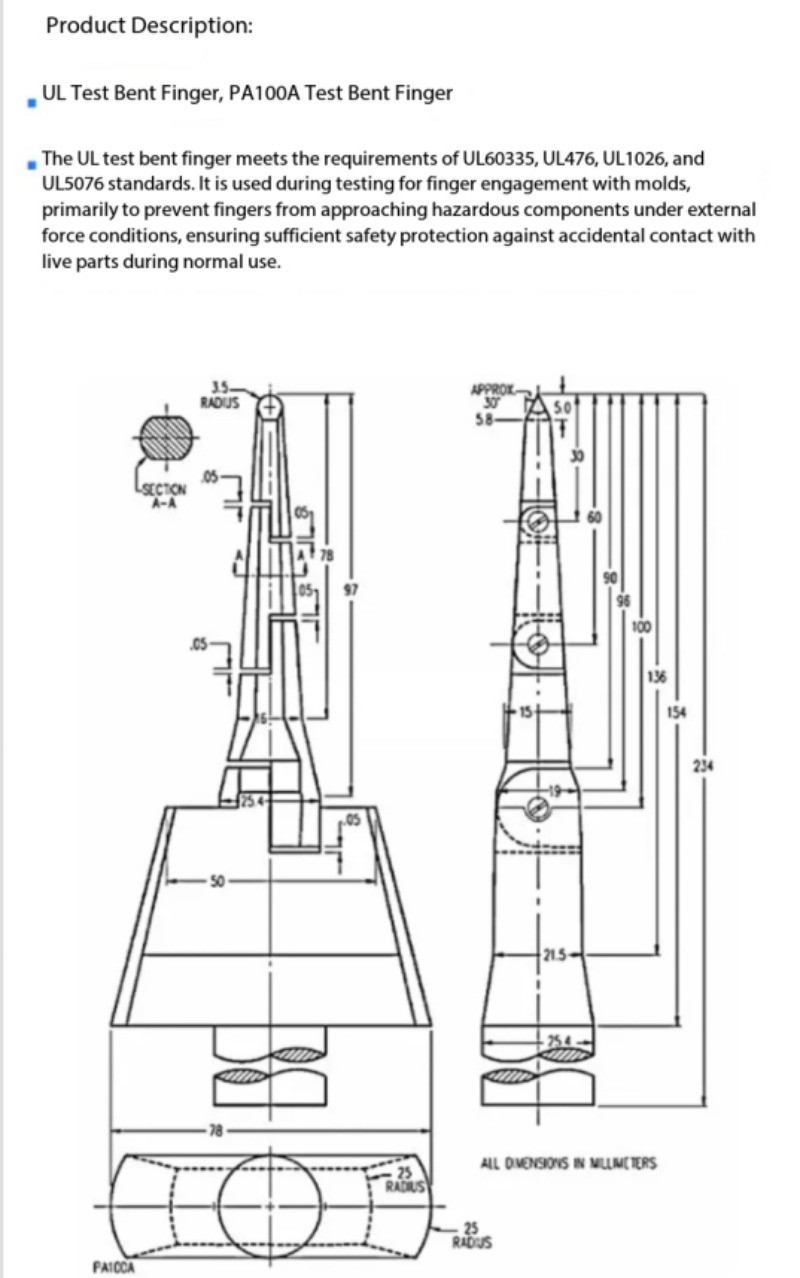UL Test Finger (Curved/Straight) PA100 Articulated Wedge-Shaped Test Finger