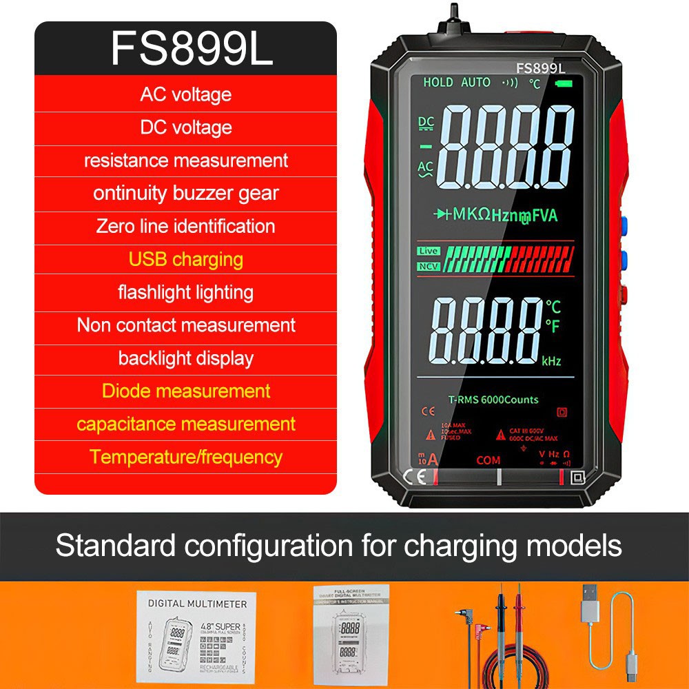 FS899L Smart Digital Multimeter,USB Rechargeable Auto-Ranging Multimeter Tester