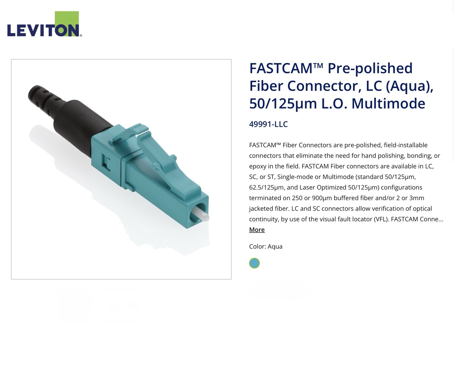 Leviton 49991-LLC FASTCAM Pre-Polished OM3/4 LC Fiber Connector