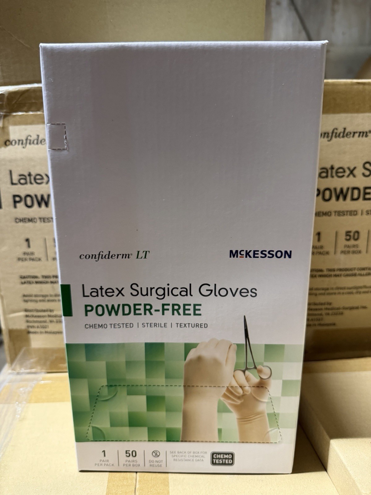 50-Pairs McKesson Confiderm LT Latex Surgical Glove Powder Free Size 7.5 02/2025