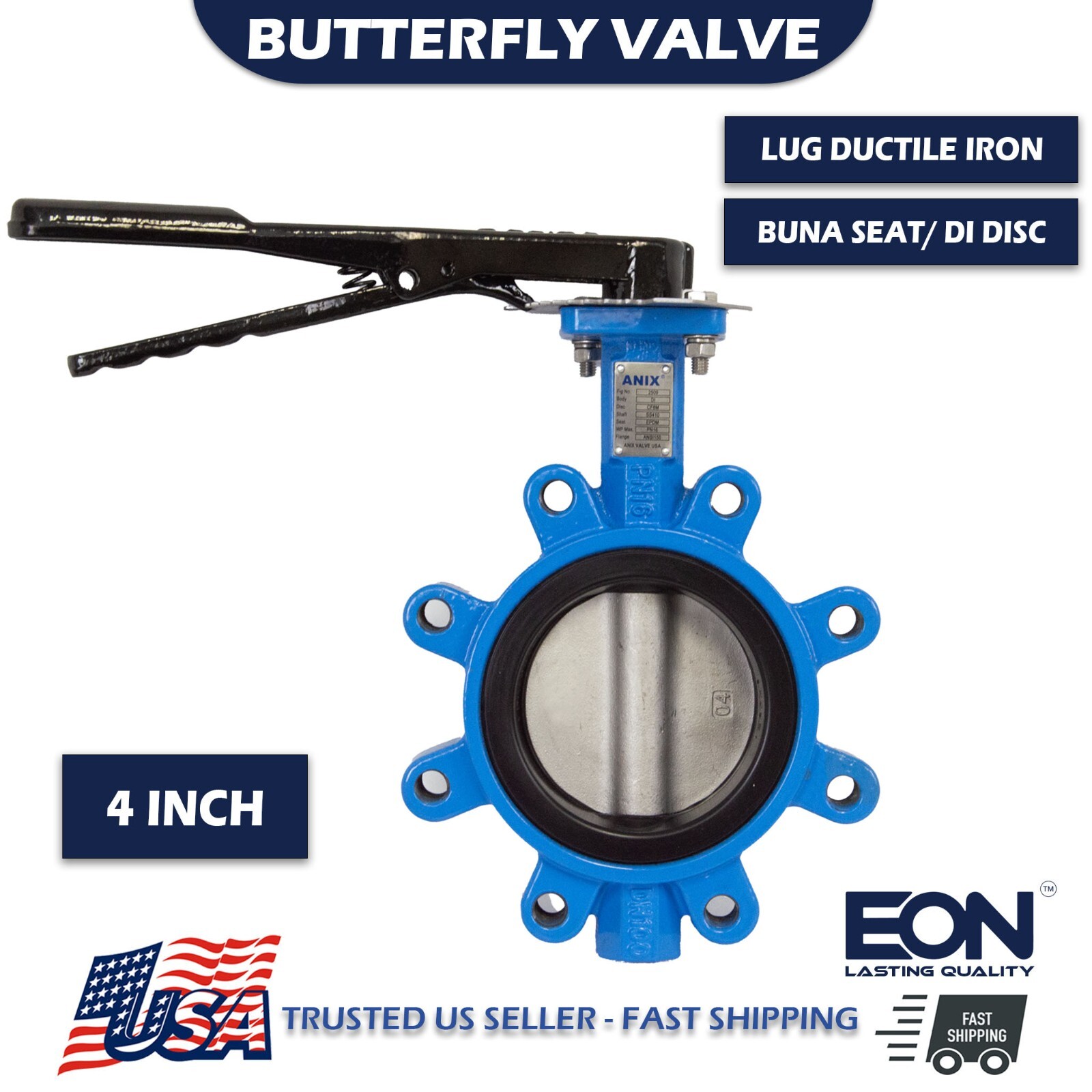 4″ Lug Butterfly Valve 200PSI, Ductile Iron Body BUNA Seat, Epoxy Coated DI Disc