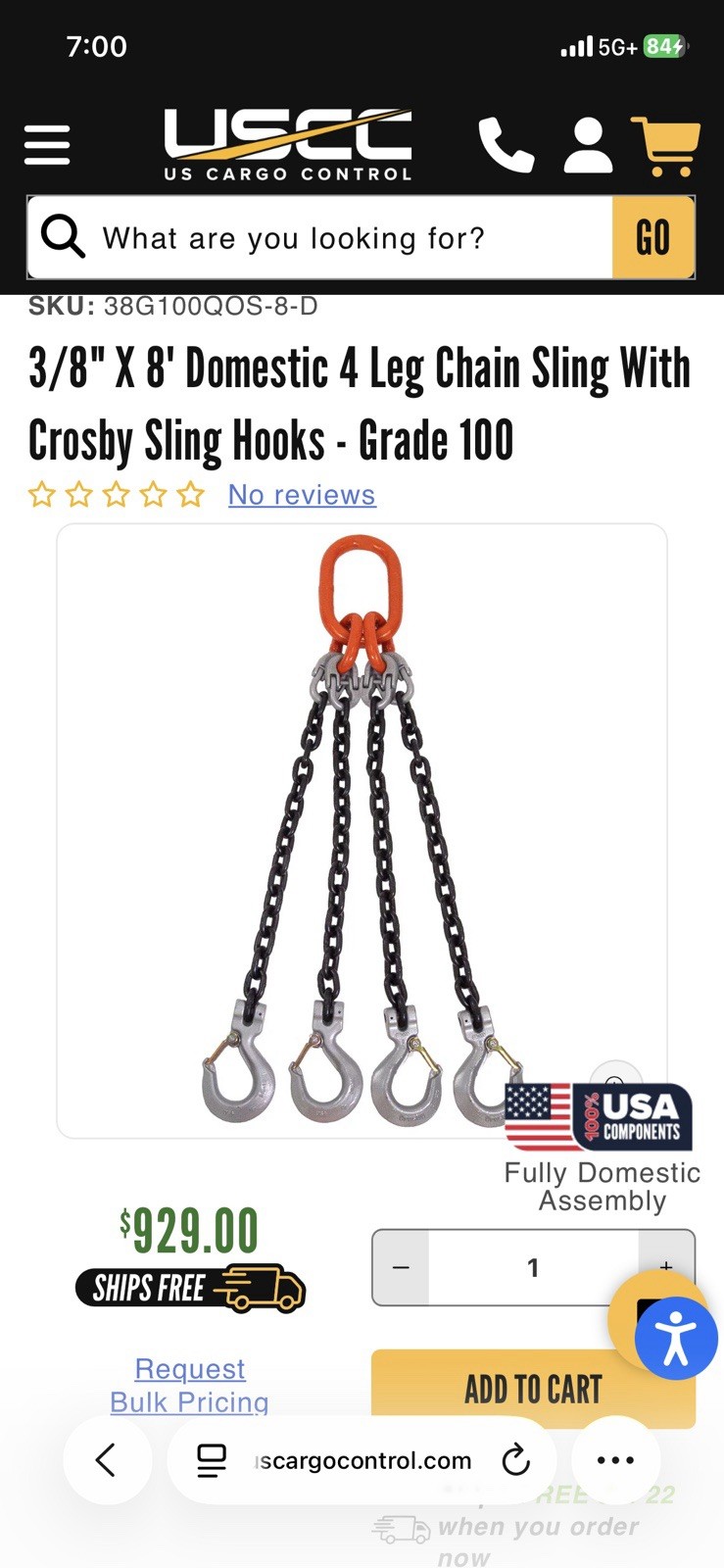 3/8″ x 8′ ft – 4-Leg Chain Sling w/ Crosby Hooks