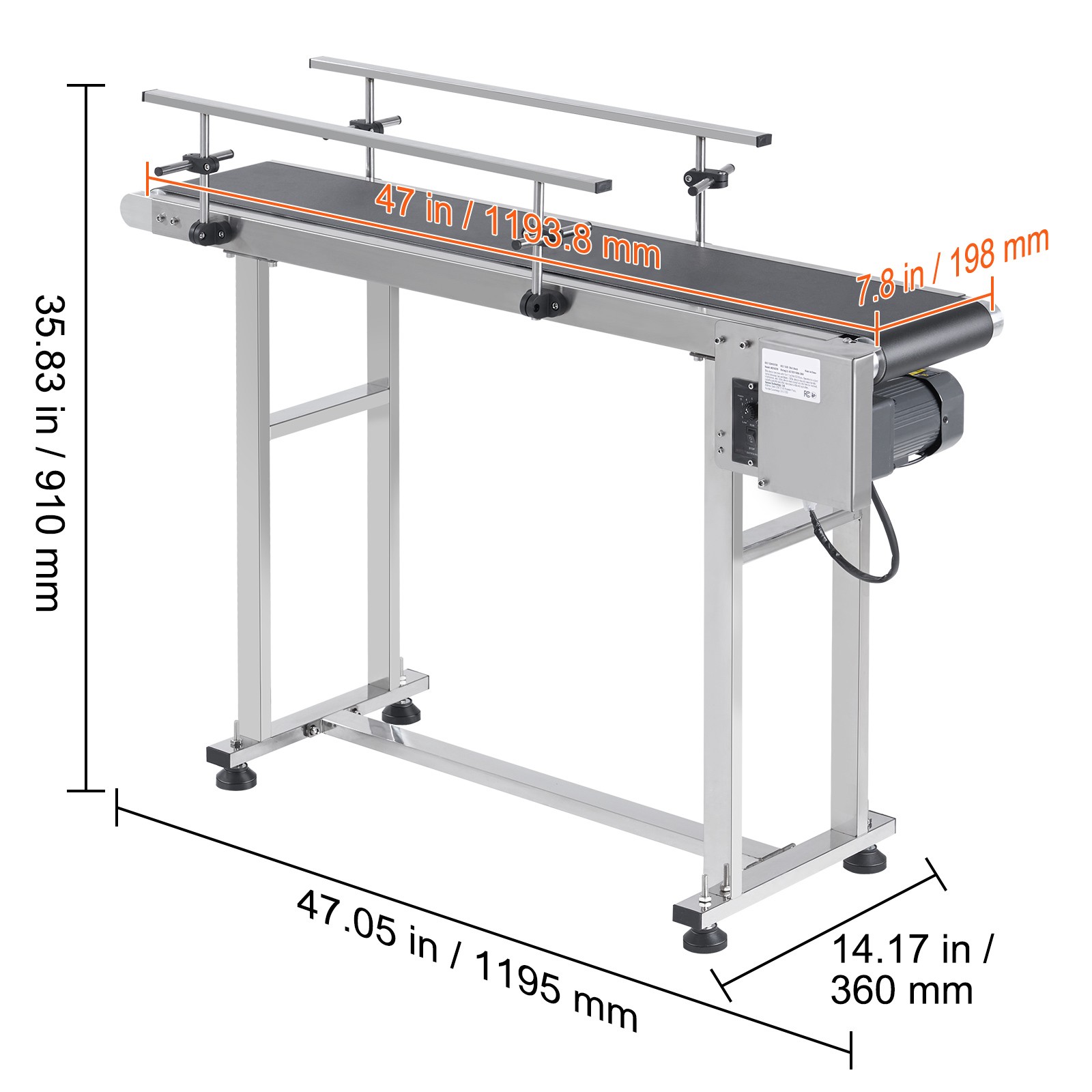 VEVOR Belt Conveyor PVC Stainless Steel Belt Conveyor 47″x7.8″ Double Guardrail