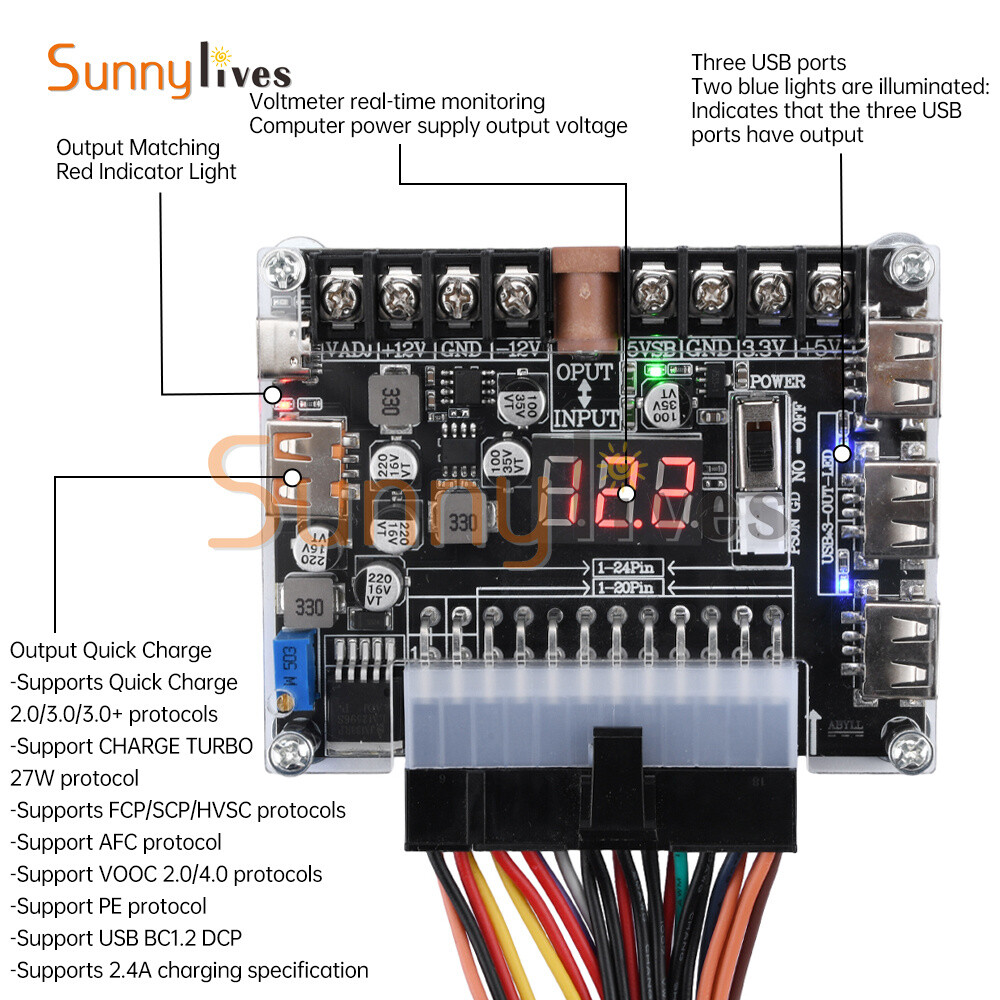 20Pin 24Pin ATX Power Supply Breakout Board Adjustable Voltage Module + Case DIY