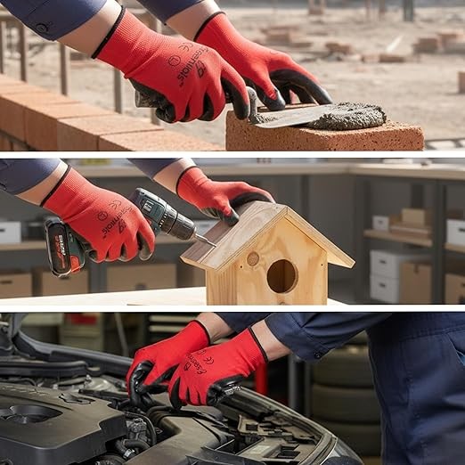 Safety Work Gloves Bulk Nitrile Red Coated Durable, Washable, Reusable Men Women