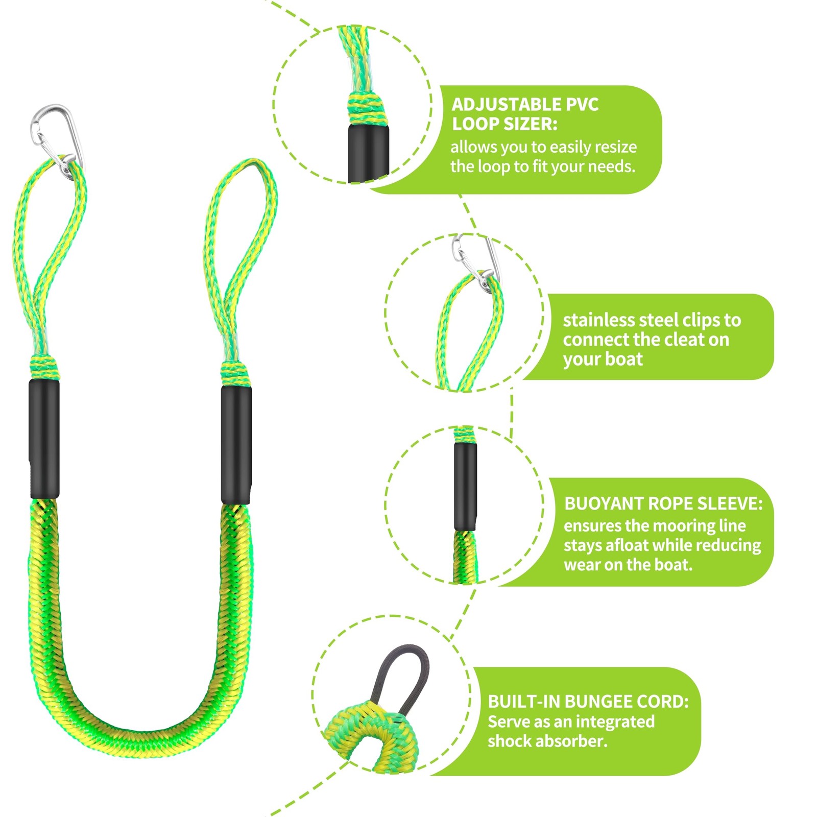 Boat Bungee Dock Lines 4 ft – Single Hook Dock Rope with 2 Loops, 2 Pack (Gre…