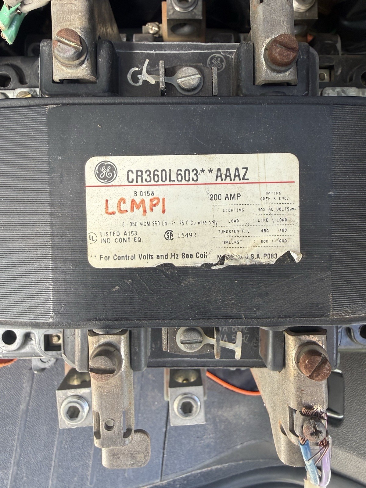 GE CR360L603 Electrically Held Lighting Contactor 200A 3-Pole 120V Panel Mount