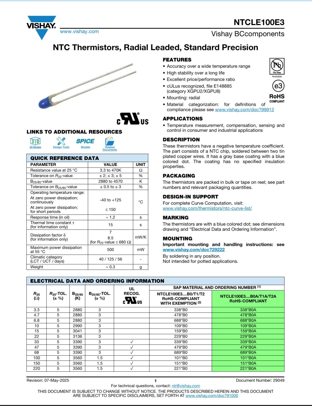500X NTCLE100E3123GB0A VISHAY NTC Thermistor 12 kΩ ±2% B=3740 Box of 500 pcs