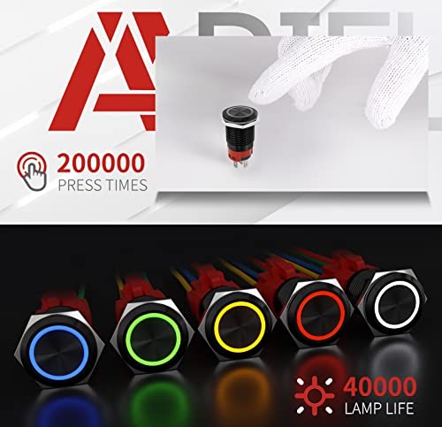 16mm Latching Push Button Switch 12V DC Black Shell Red LED 0.63in Hole