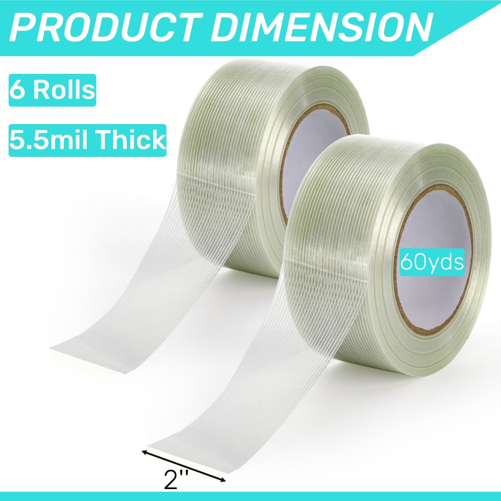 Nagpew 6 Rolls Filament Strapping Tape 2 x 60yds x 5.5mil Reinforced Fiberglass