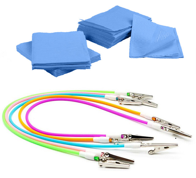 Dental Bibs 50 Cobalt Blue + 5 Bib Clips Kit Disposable Waterproof