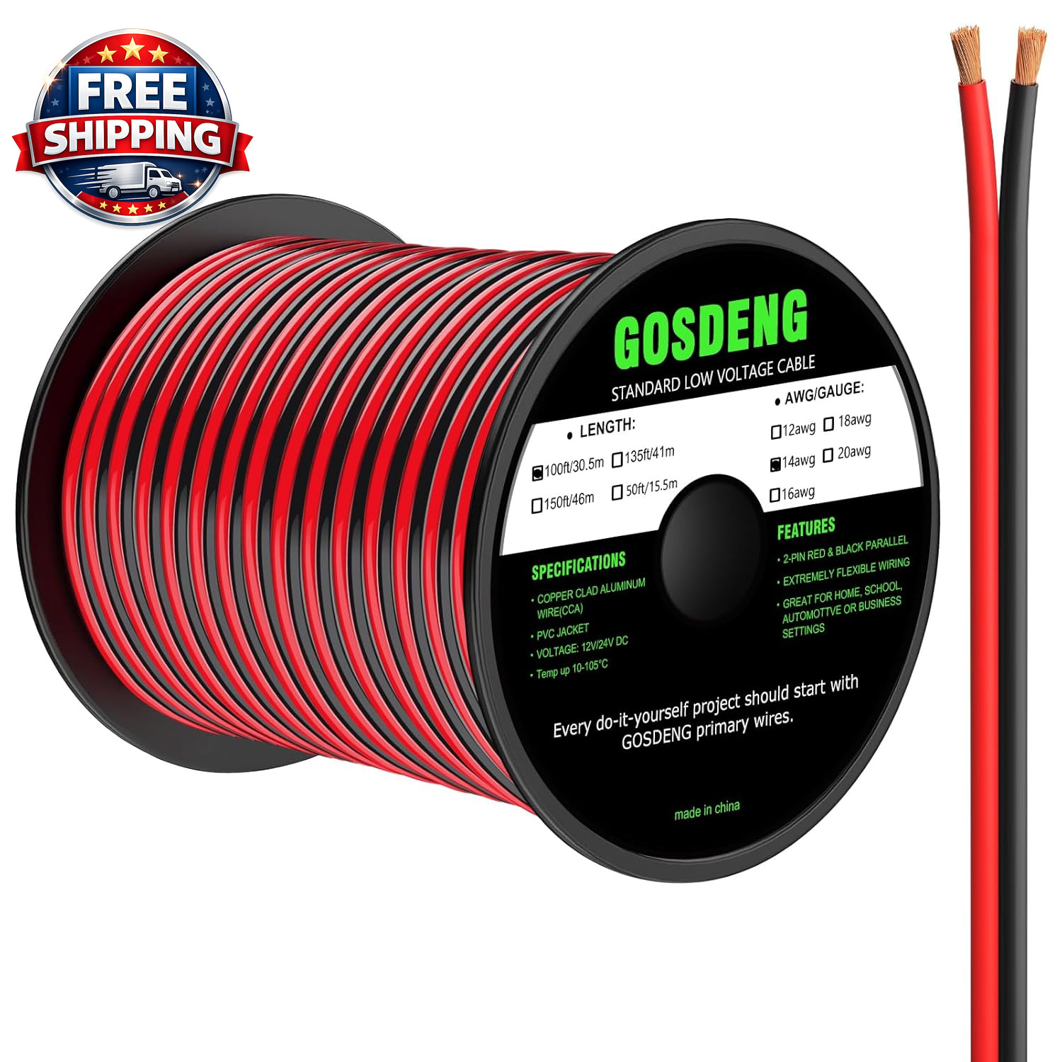 14 Gauge Wire 100FT, 2 Conductors Electrical Wire Red and Black Cable, Low Volt