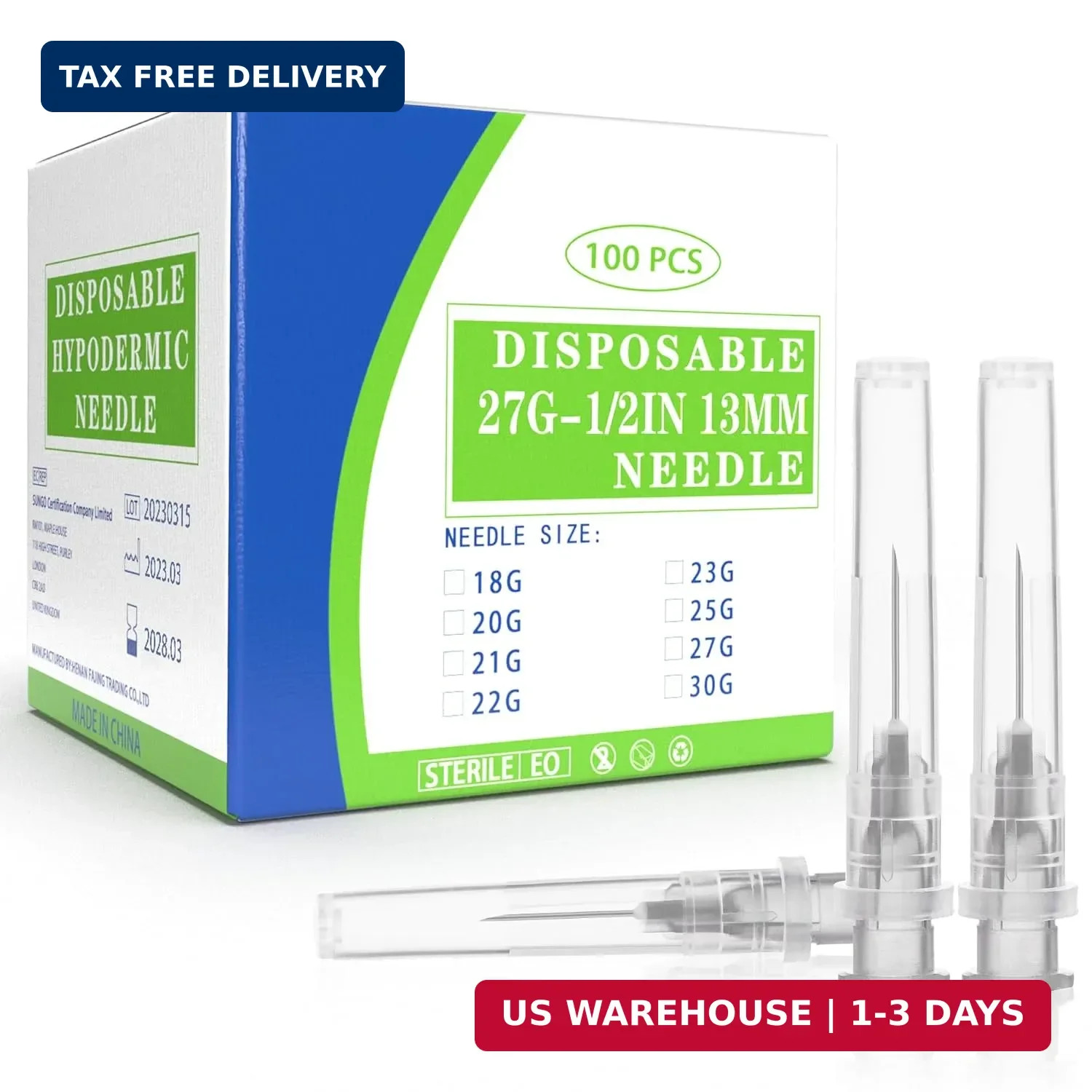 100 Pack 27 Ga 1/2″ Luer Lock Needles with Caps Sterile Lab Industrial Supplies