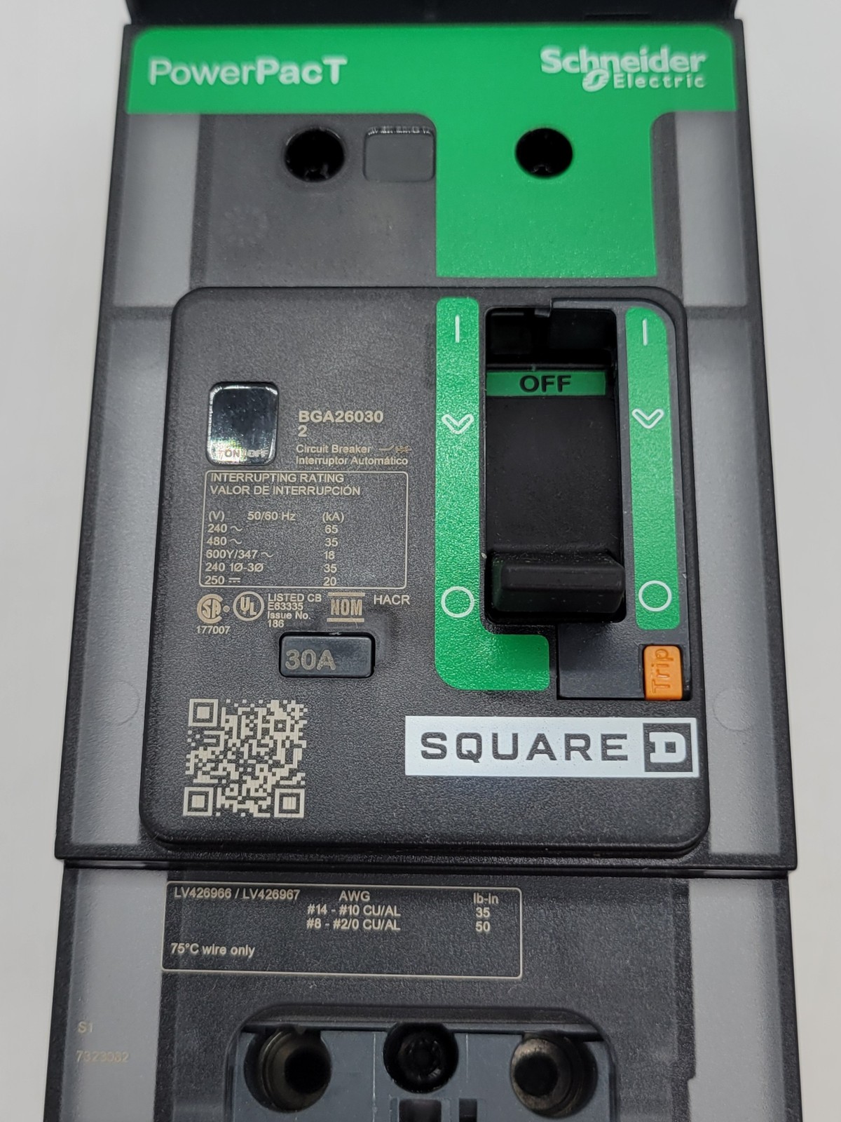 Square D BGA260302 PowerPact I-Line Circuit Breaker 30A 2P 600V 18KA BG30 Green