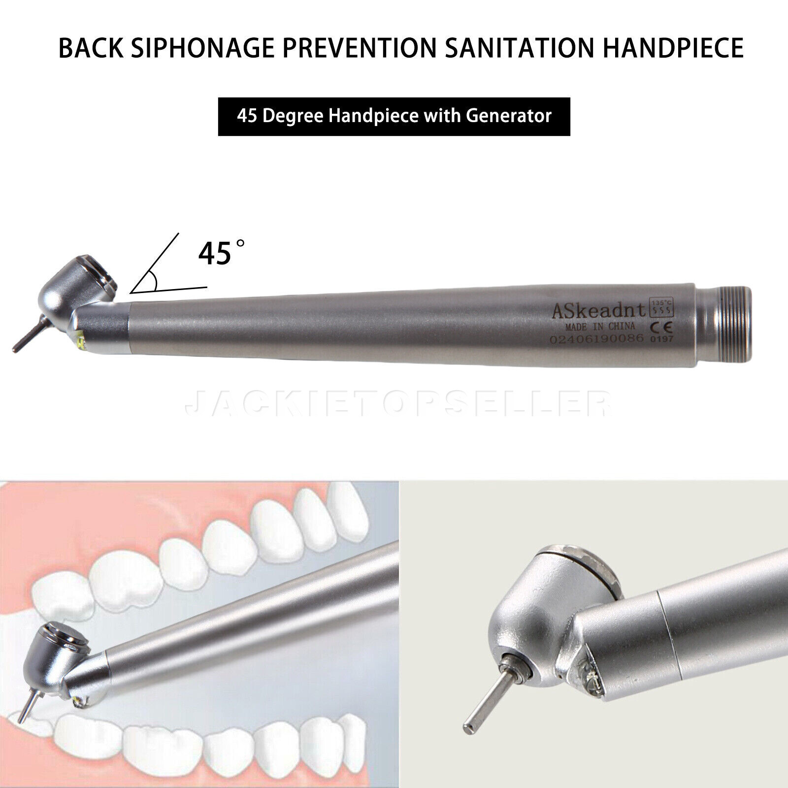 LED Dental Surgical Handpiece 45° Angle 2 Hole Borden Rear Exhaust Impact Air