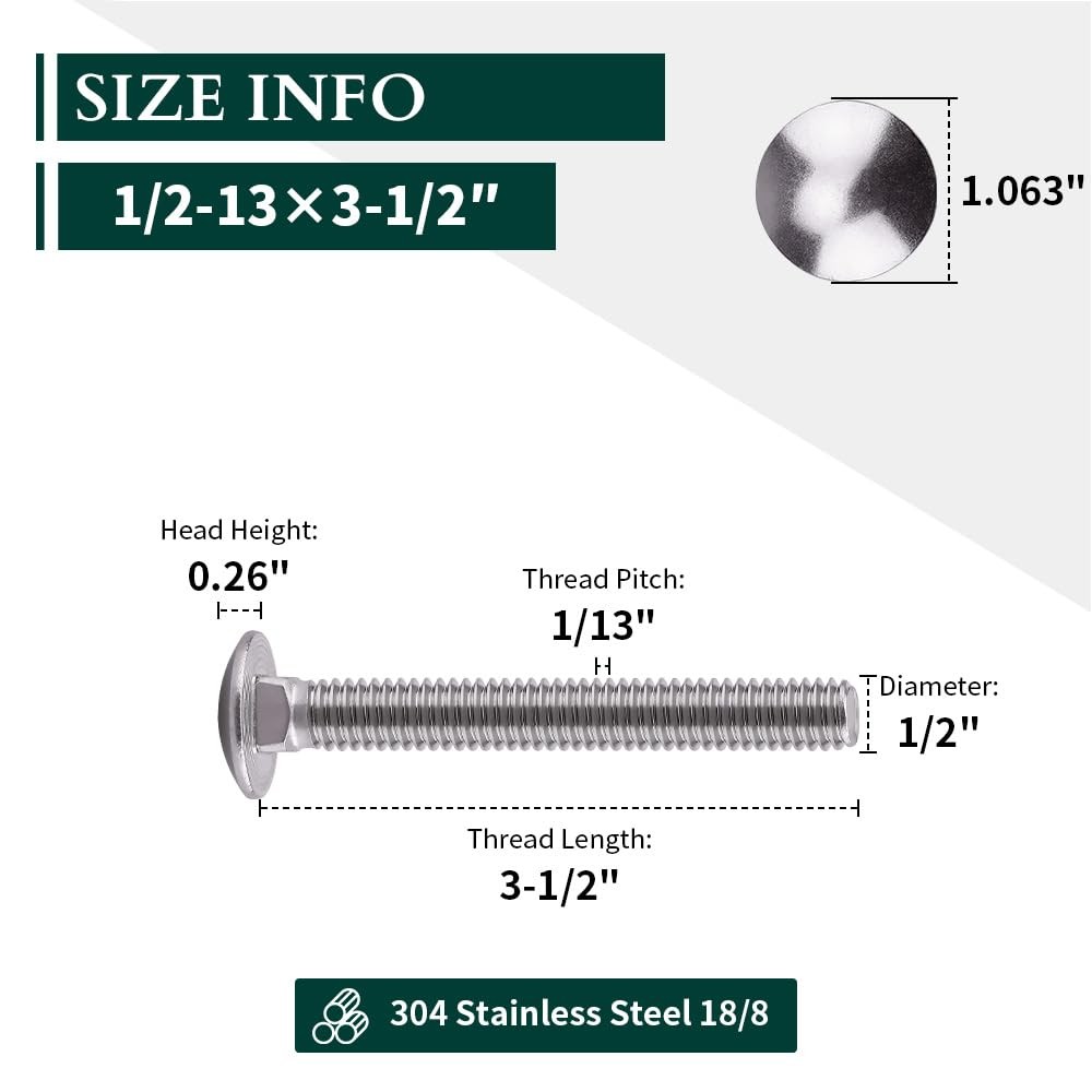 4 Sets 1/213×31/2 Inch Carriage Bolt Kit 304 Stainless Steel Hex Nut