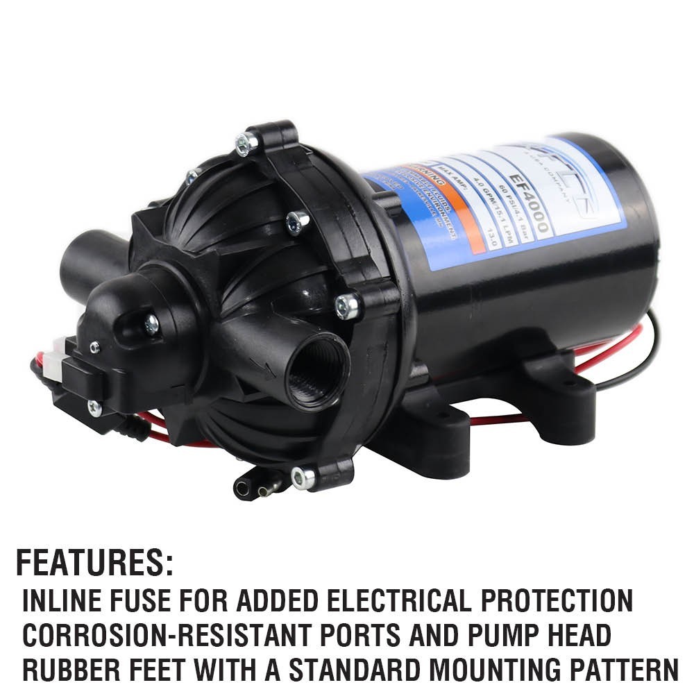 Everflo EF4000 12V Diaphragm Sprayer Pump – 4.0GPM, 60 PSI Max, 1/2″ FNPT Ports