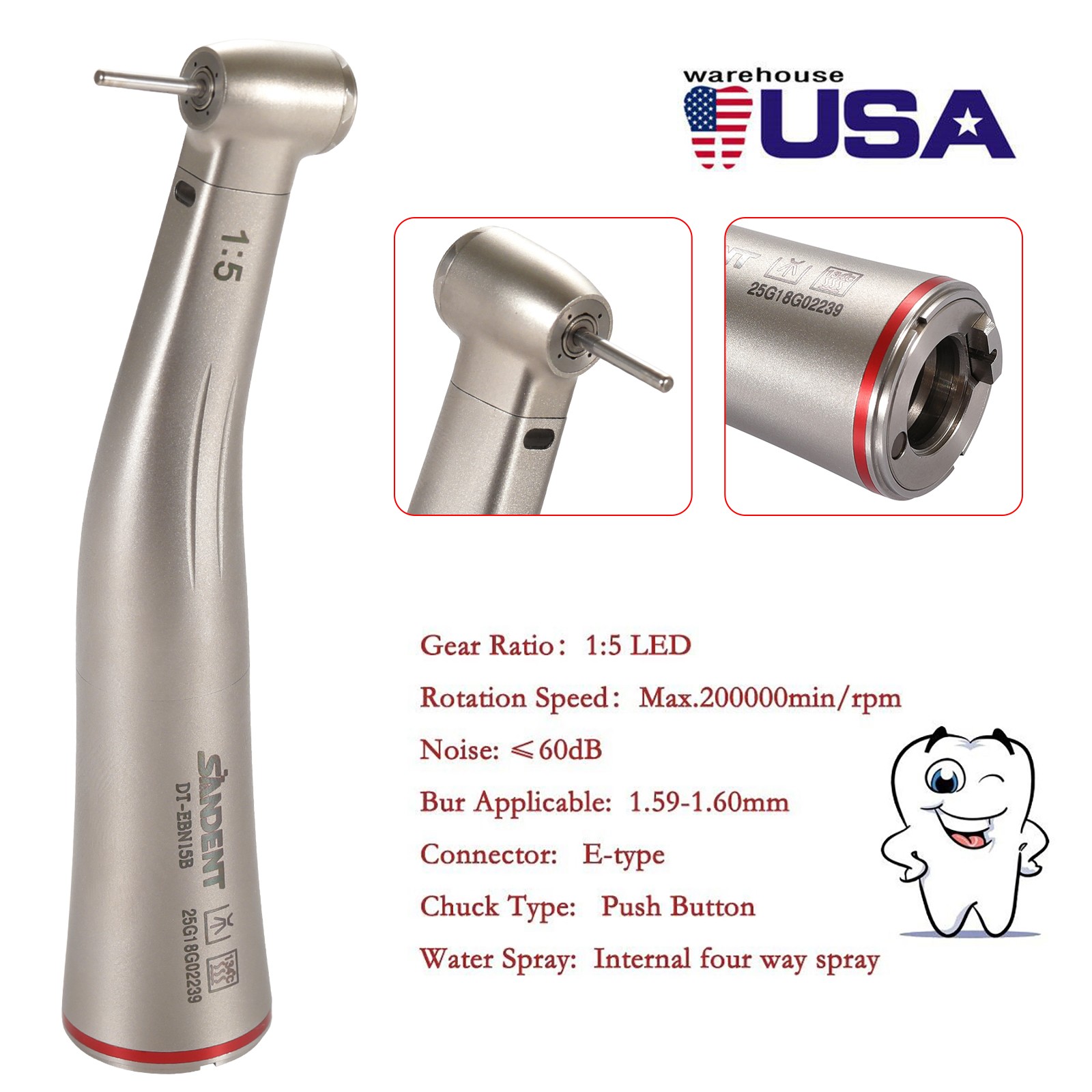 Dental 1:5 Contra Angle Fiber Optic LED Low Speed Handpiece Standard Head