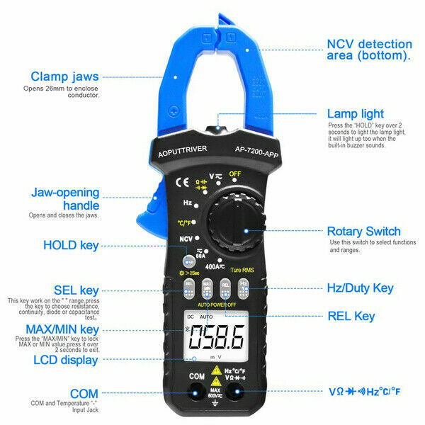 TRMS 6000 Counts Digital Clamp Meter with Bluetooth for AC DC Amp Volt Ohm Test