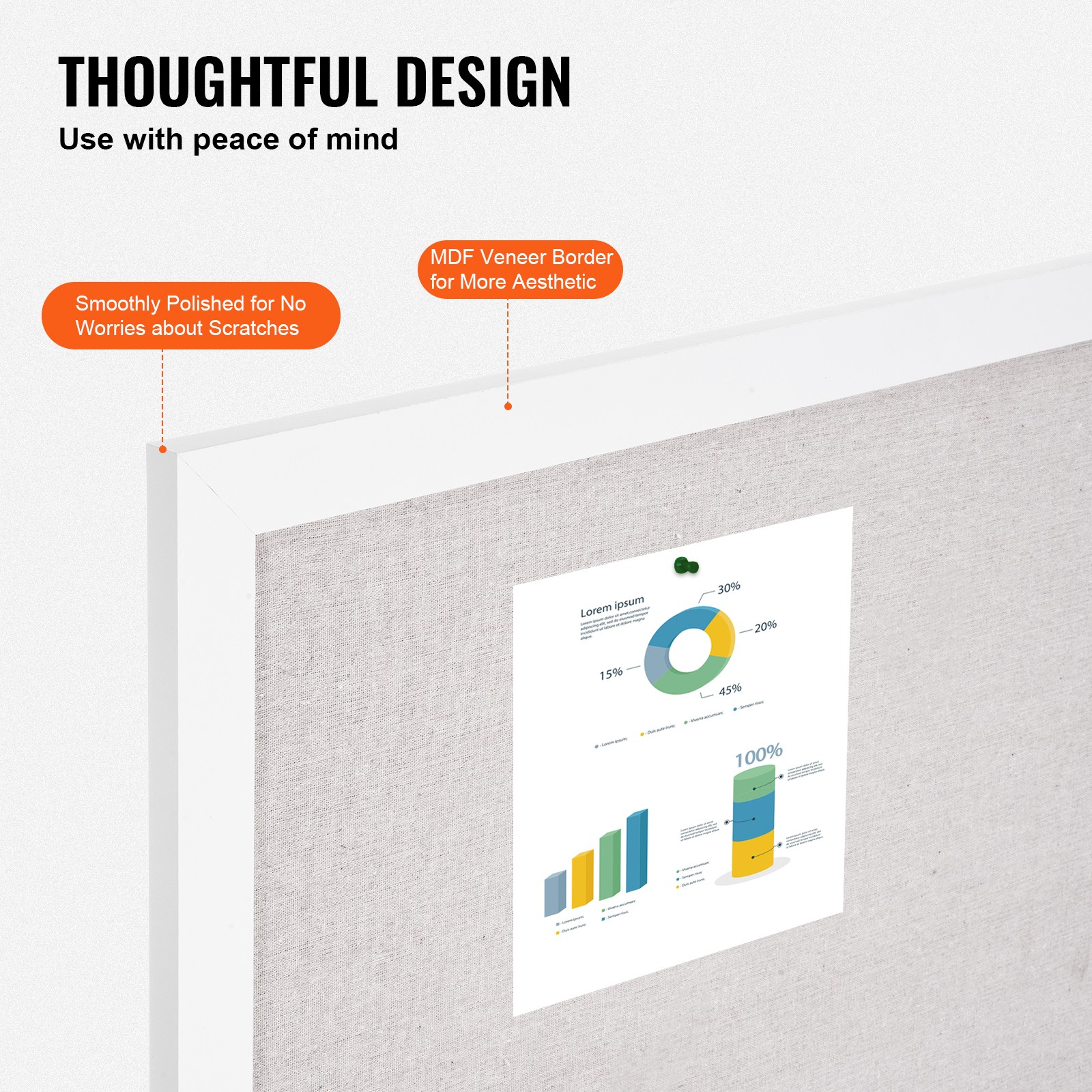 VEVOR 36″x24″ White Cork Board with Linen Surface Wall-Mounted Bulletin Board