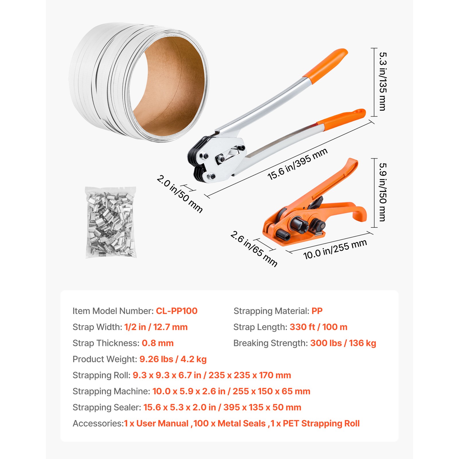Uimoso Banding Strapping Kit w/ 1/2″ 330 ft PP Strap and 100 Metal Seals, Orange