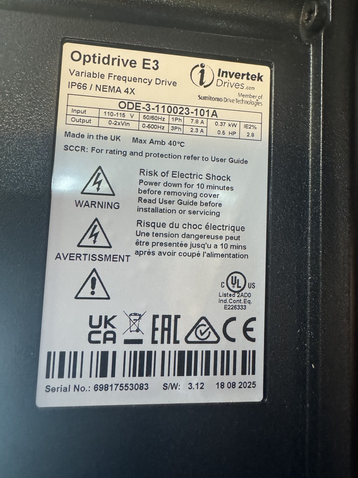 Invertek OptiDrive E3 7.5 HP VFD Motor Drive – NEMA 4X Model: ODE-3-110023-101A