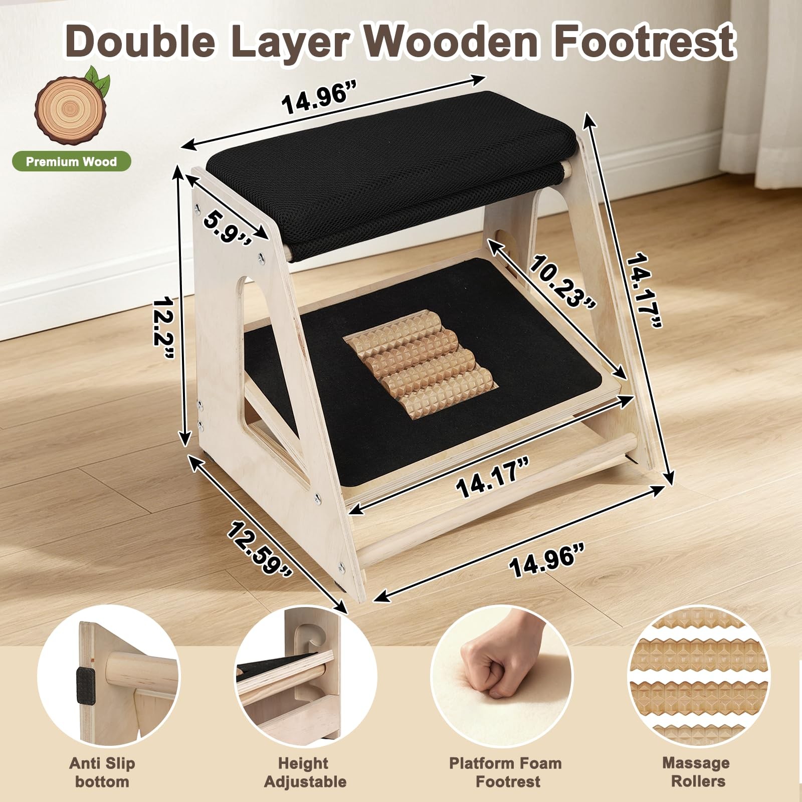 Wooden Foot Rest Under Desk At Work – 3-height Adjustable Ergonomic Foot Stool