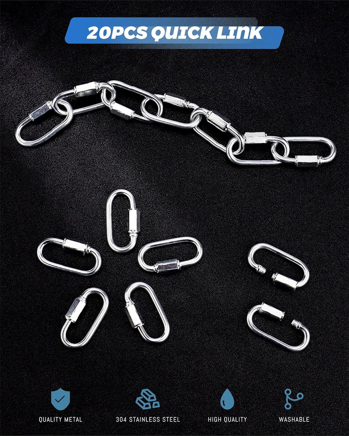 20 Pack 304 Stainless Steel M3.5 Chain Link 1/8 Inch D Shape Locking Quick New