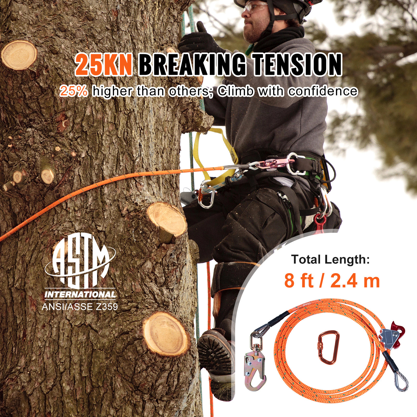 VEVOR Steel Core flipline 1/2″ x 8′ Arborist Flipline for Tree Climbing