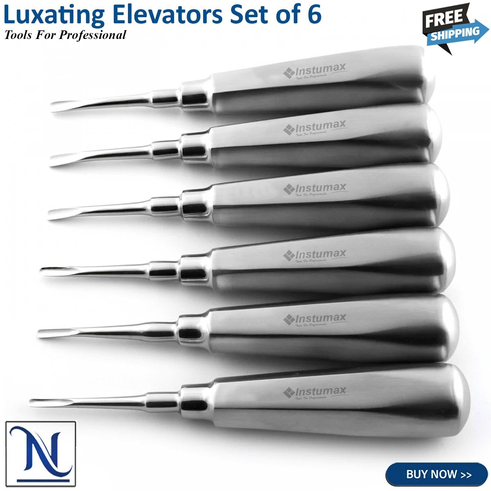 Set Of 6 Dental Luxating Elevators Straight Curved Shank Surgical Extraction Kit