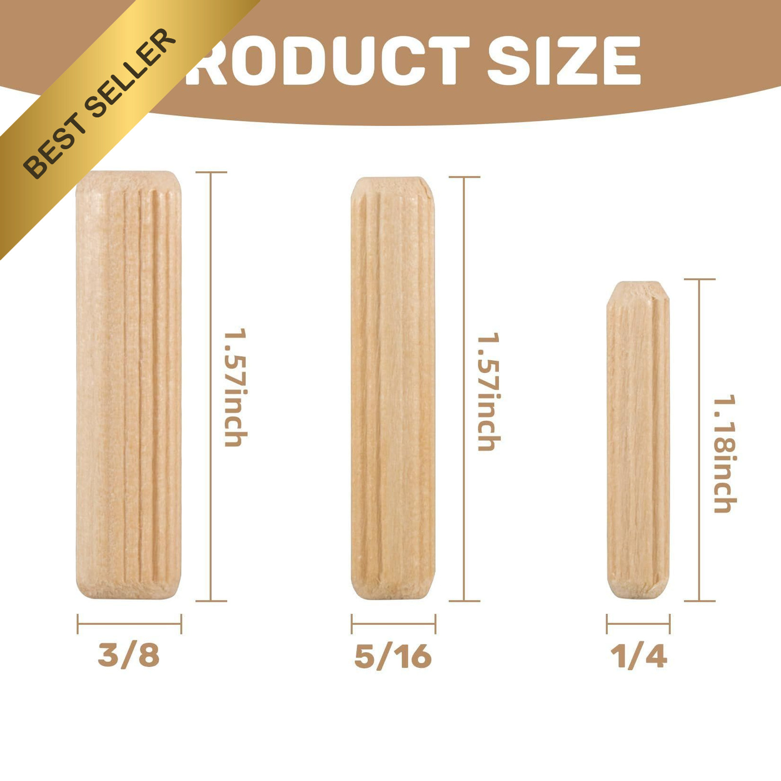 Sukh 200PCS Wooden Dowel Pins Fluted Rods Assorted 1/4 5/16 3/8 Inch Woodworking