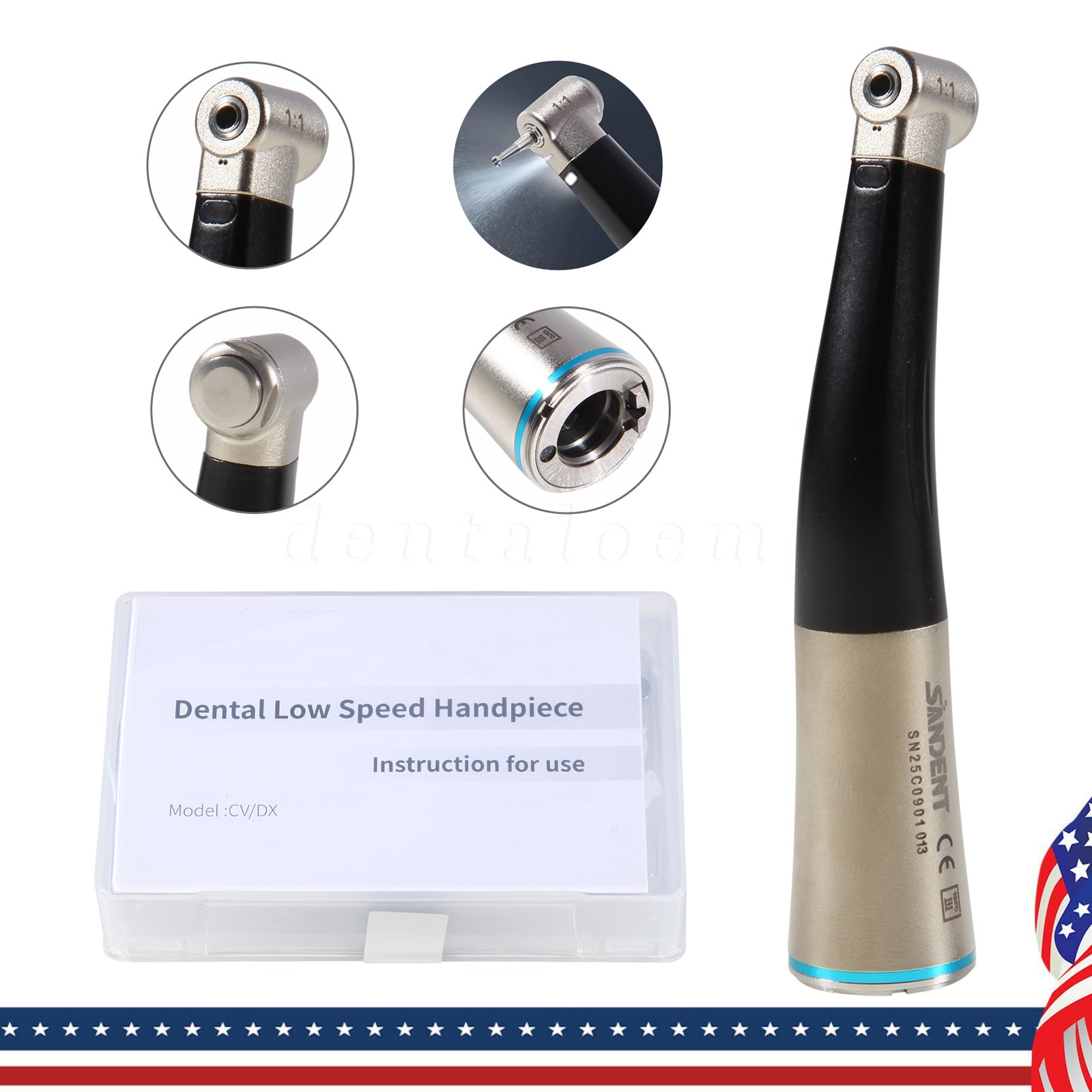 Dental Low Speed Handpiece Fiber Optic 1:1 Contra Angle Handpiece With LED Light