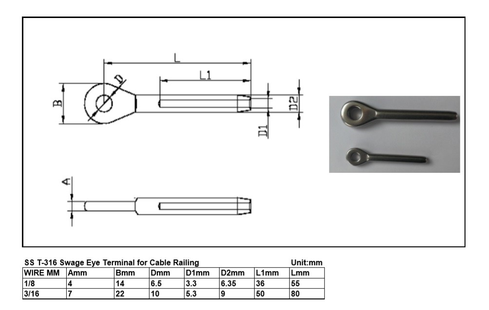 T316 Stainless Steel Swage Eye Terminal for Cable Railing for 3/16″ Cable