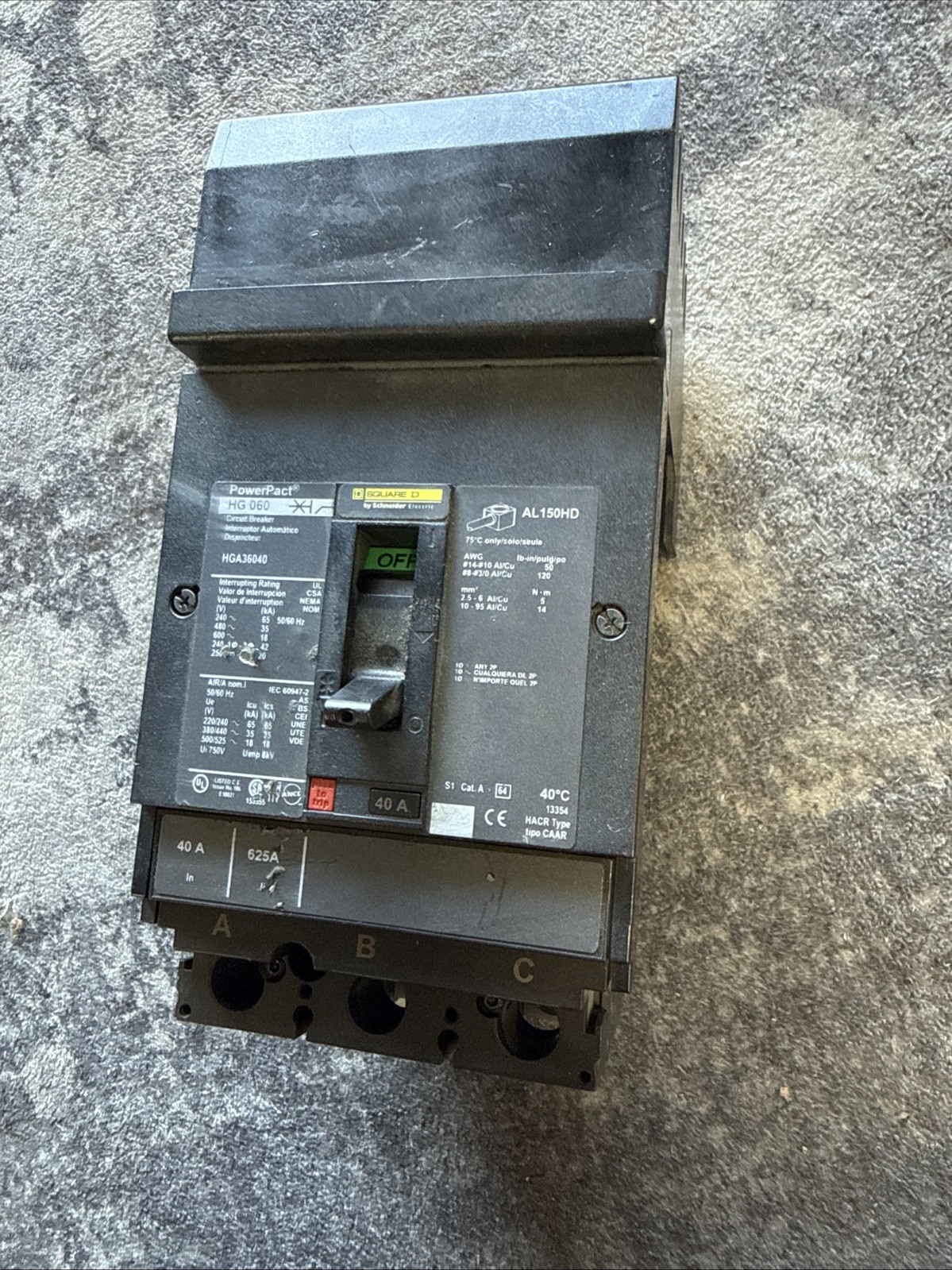 Square D HGA36040 40A 600V 3-Pole Main Circuit Breaker
