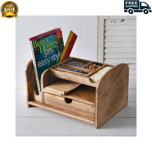 Wood Desk Organizer with Drawer Small Shelf Book Nook Solid Mango Hardwood