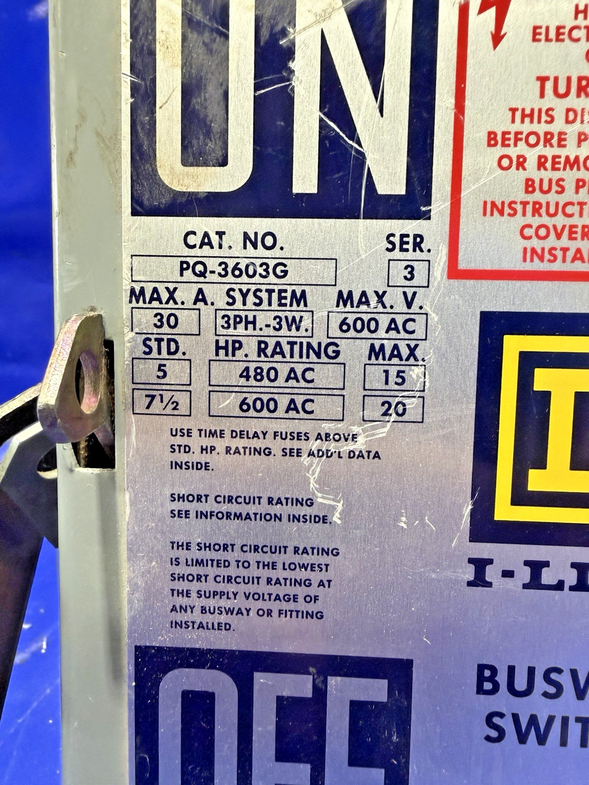 Square D 30 Amp 600V 3Ph 3W I Line Busway Switch PQ-3603G🟦