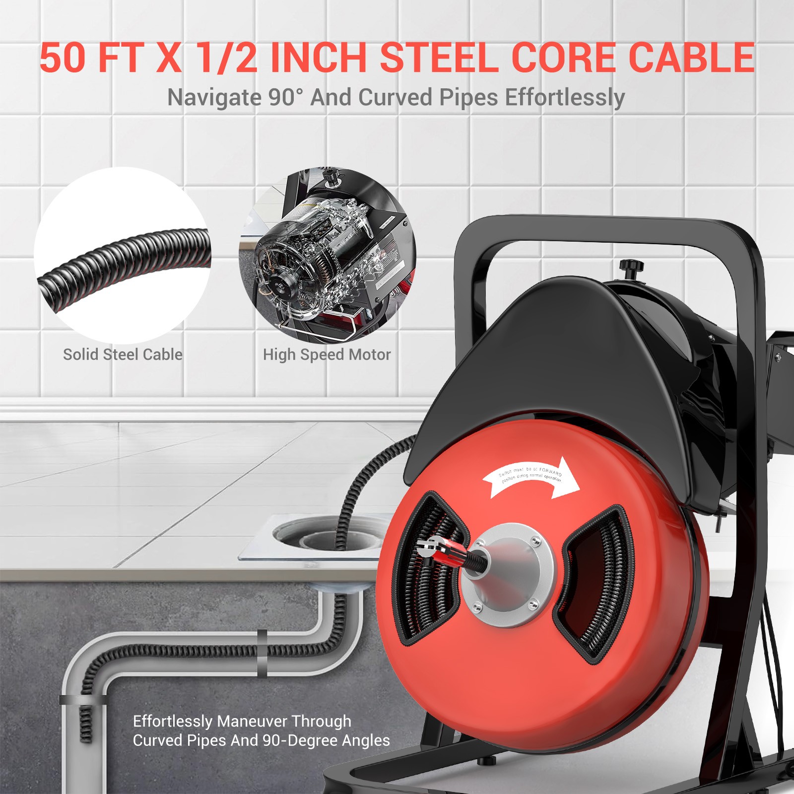 Electric Drain Cleaner Machine 50FT x 1/2″ 450W Auto-Feed Sewer Snake Auger
