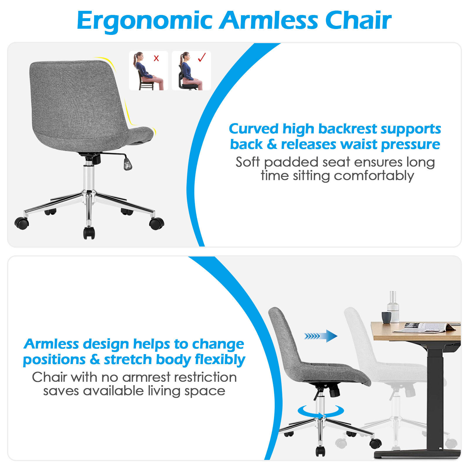 Costway Armless Office Chair Mid-Back Height Adjustable Fabric Task Swivel Chair