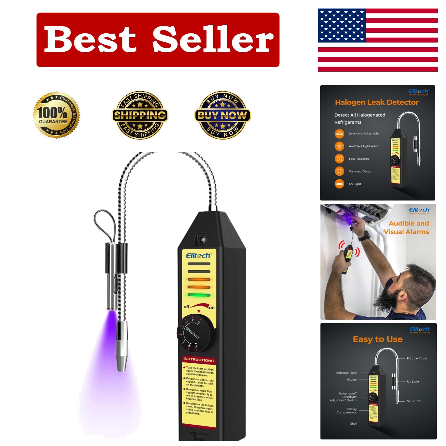 Battery Powered Refrigerant Leak Detector with Visual & Audible Alarms WJL-6000S