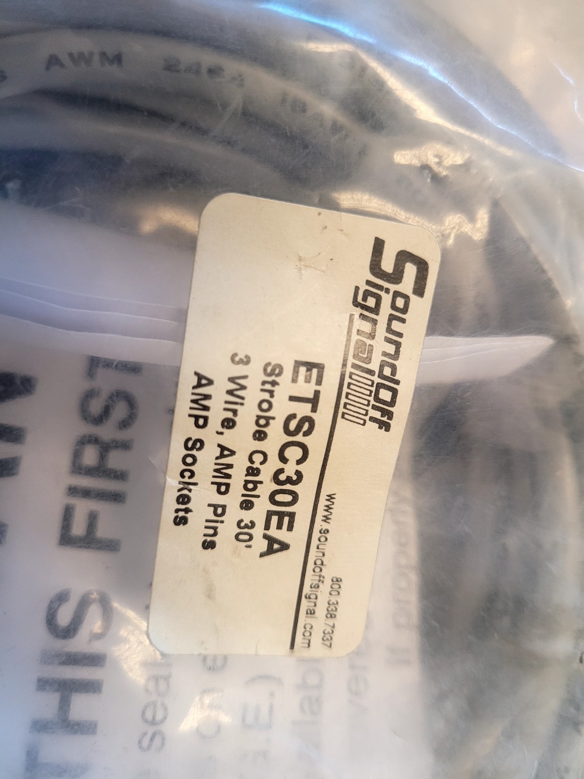 NEW SoundOff Signal ETSC30EA 30ft Shielded Strobe Cable, 3 Wire w/ AMP Connector