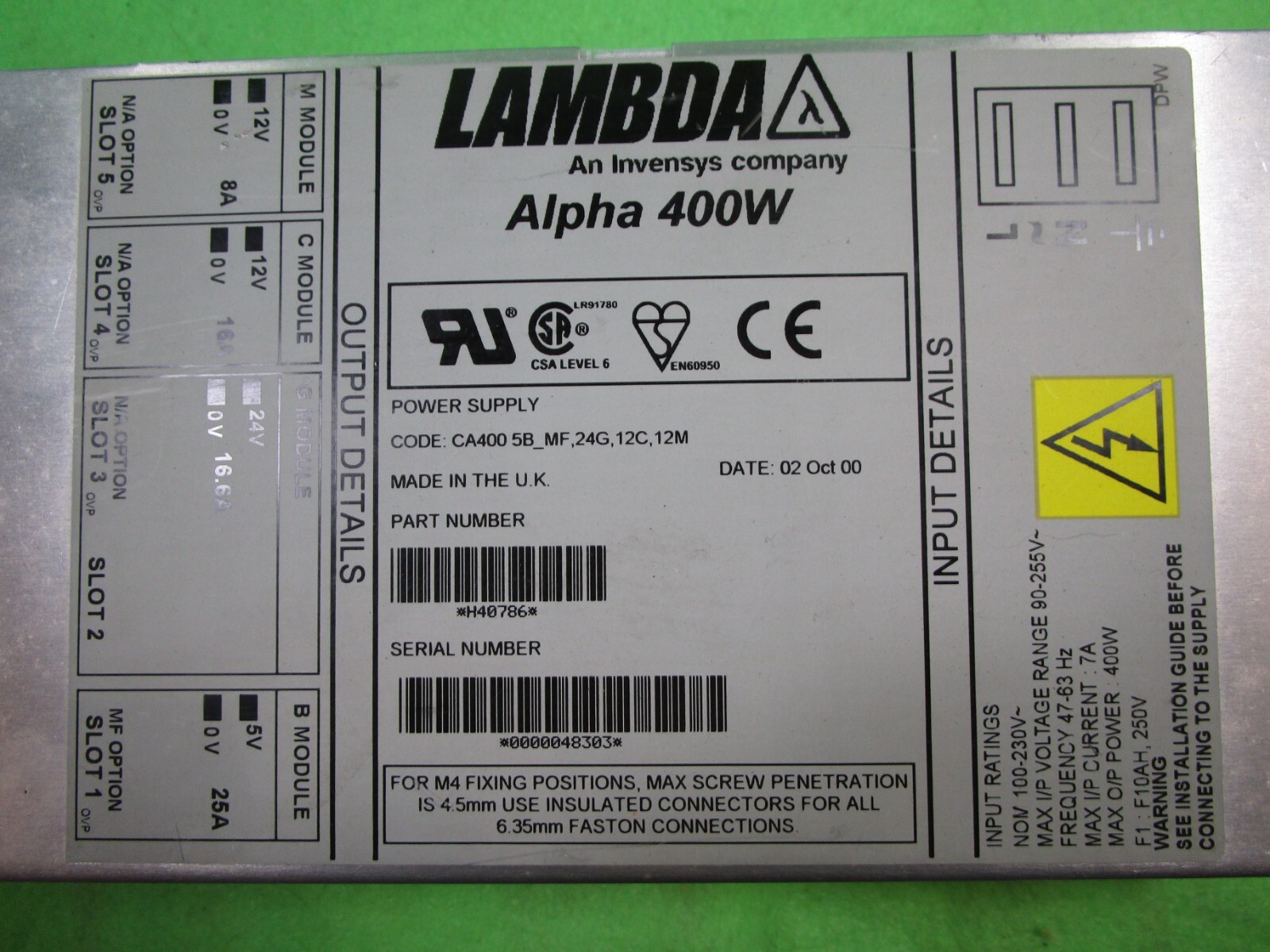 INVENSYS LAMBDA ALPHA 400W CA400 POWER SUPPLY 12V8A 12V16A 24V16.6A 5V25A