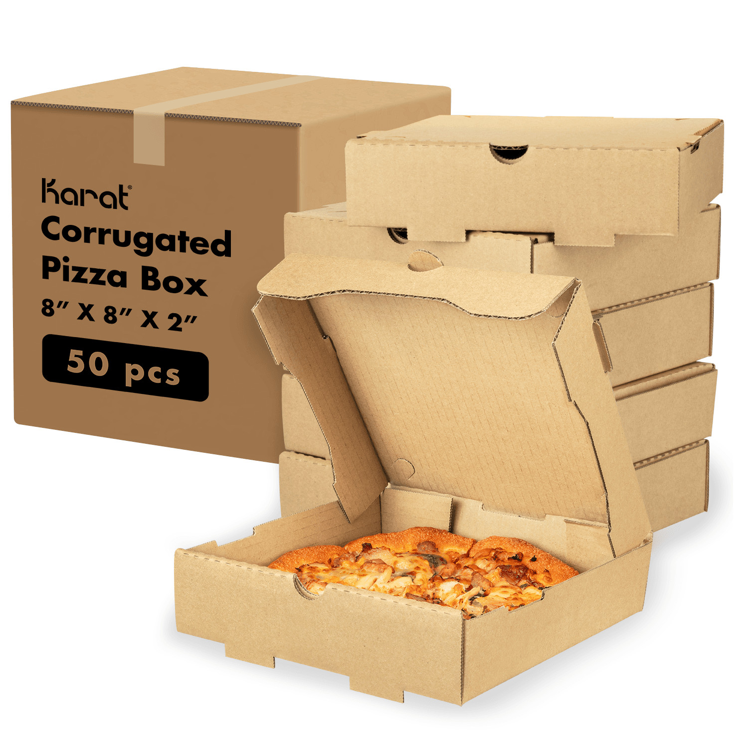 Karat Corrugated Pizza Box, 8”x8”x2”, Kraft – 50 pcs, FP-PBF08K