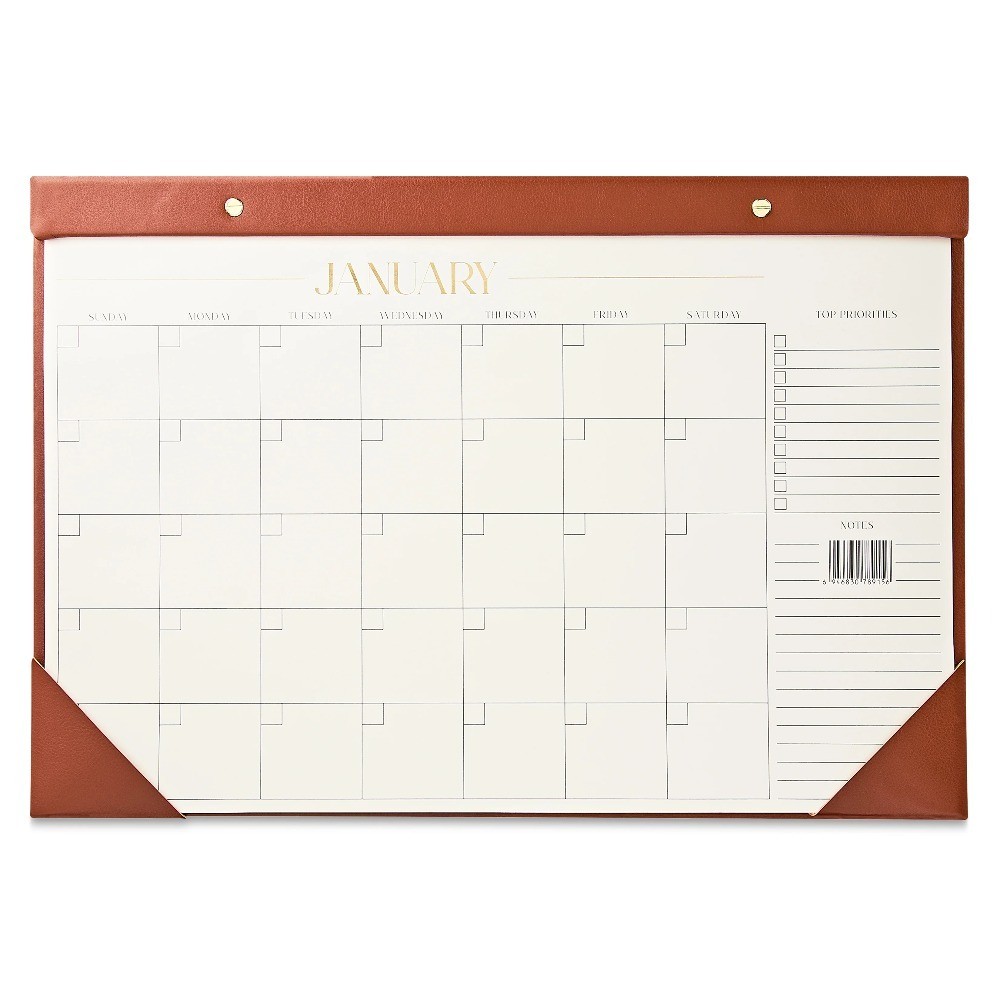 Simulated Leather Desk Blotter Calendar 12 Months Cognac Brown Medium Size