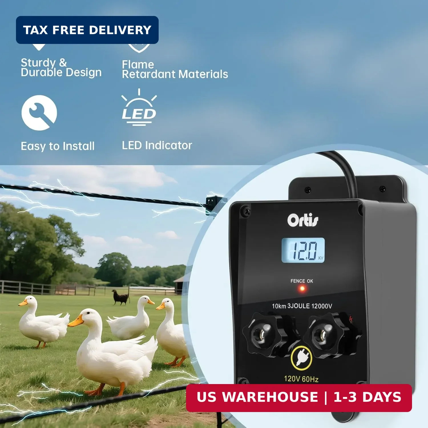Electric Fence Energizer with LCD Display, Ortis 12,000V 3 Joules Electric Fence