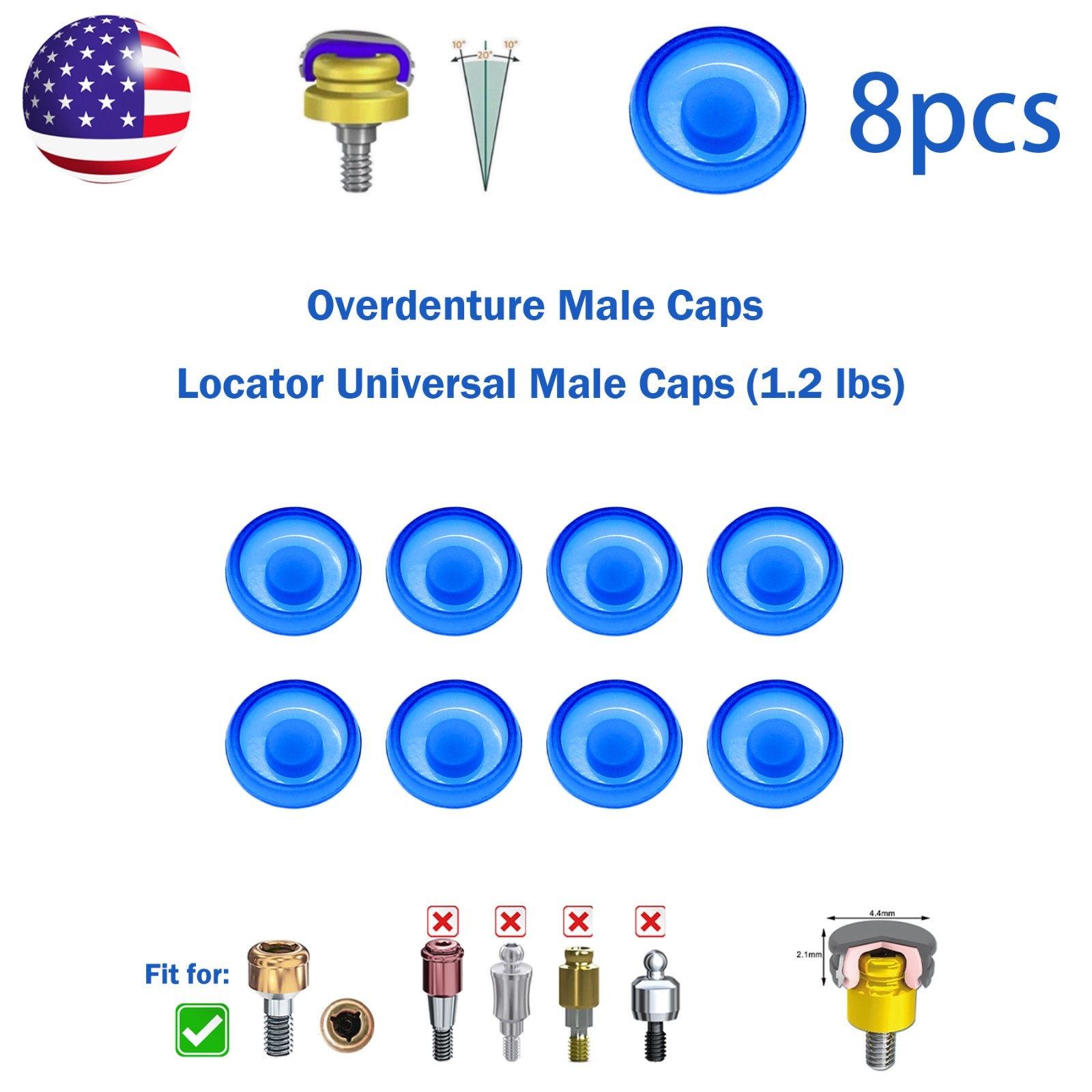 US ZEST Locator Replacement Retention Male Caps Inserts For Dental Overdenture