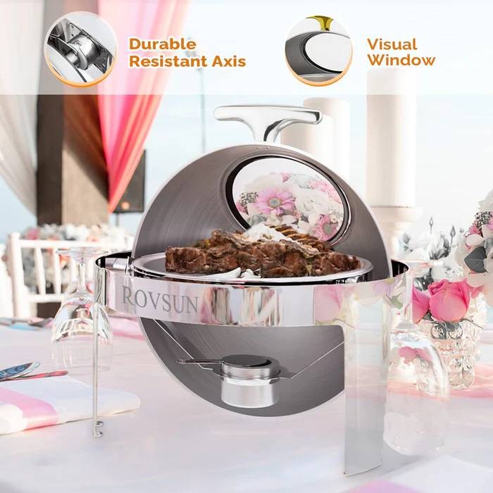6Qt Round Roll Top Chafing Dish Buffet Set with Glass Window Silver for Wedding
